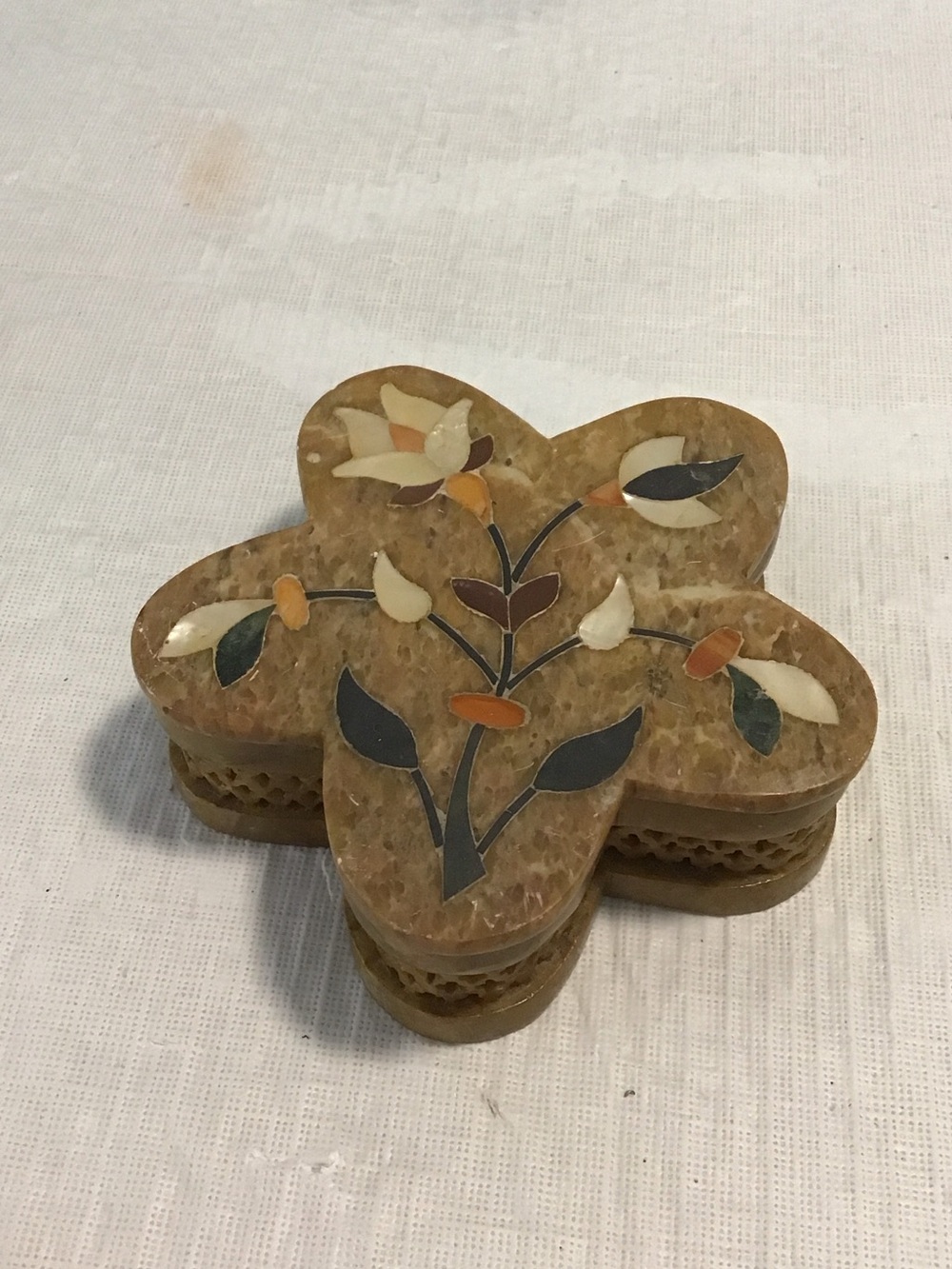 Flower Inlay Stone Trinket Box - Tan and Multicolor Floral   #100